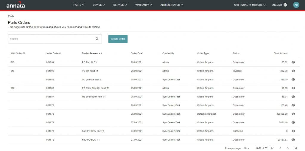 Dealer Portal - Parts ordering management